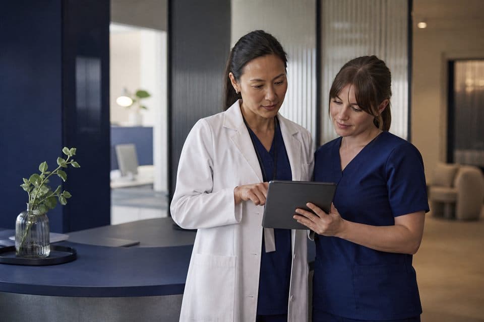 Healthcare professionals reviewing a tablet in a clinic