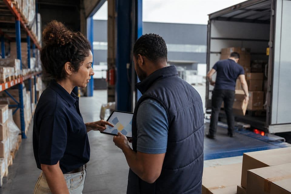 Warehouse operators coordinating a dispatch handoff