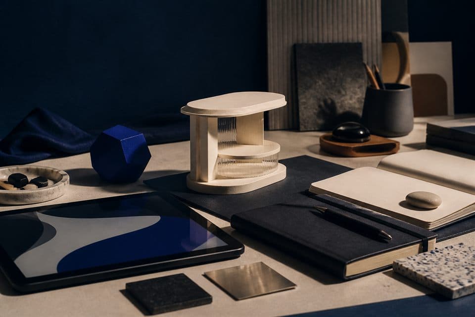 Modular product planning workbench with cobalt accents