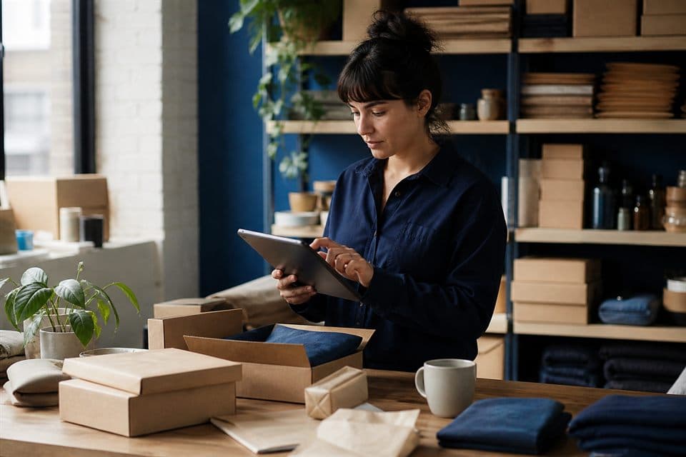 Retail operator preparing orders in a small fulfillment workspace
