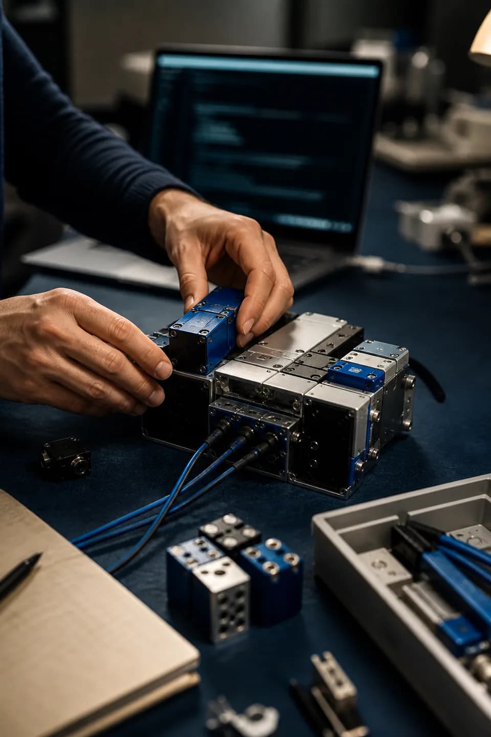 Engineer assembling a modular system on a workbench