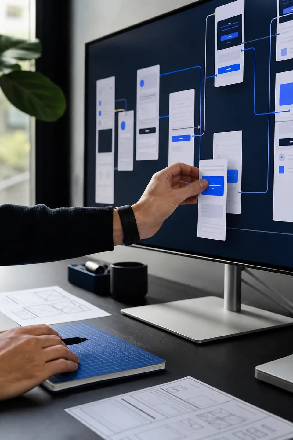 Designer arranging an interface flow on a large screen