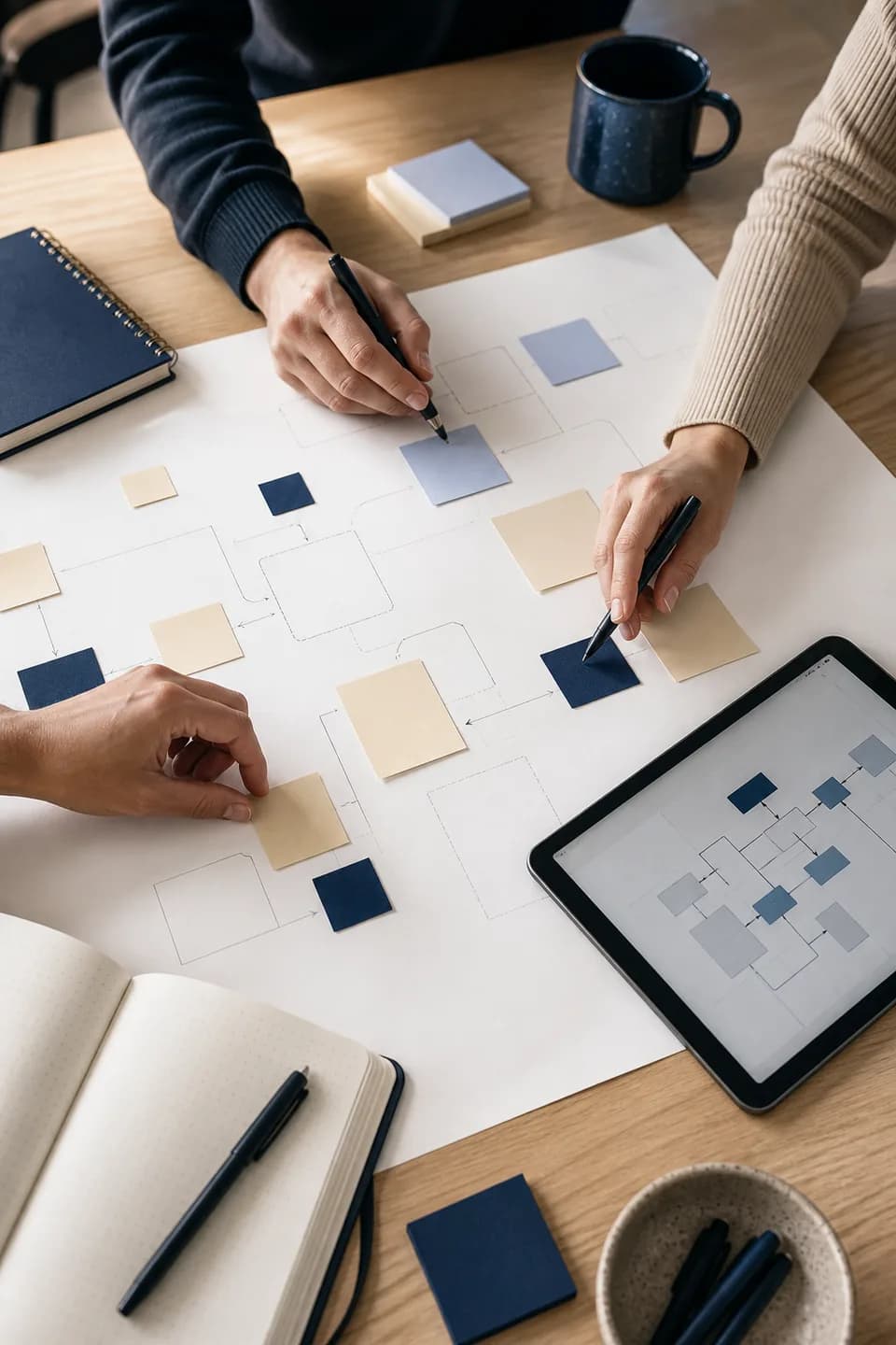 Team mapping a business workflow with notes and a tablet