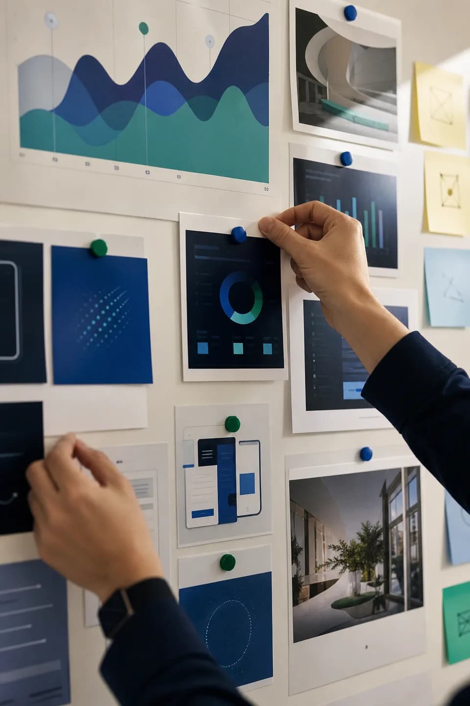 Team review wall with product and performance visuals