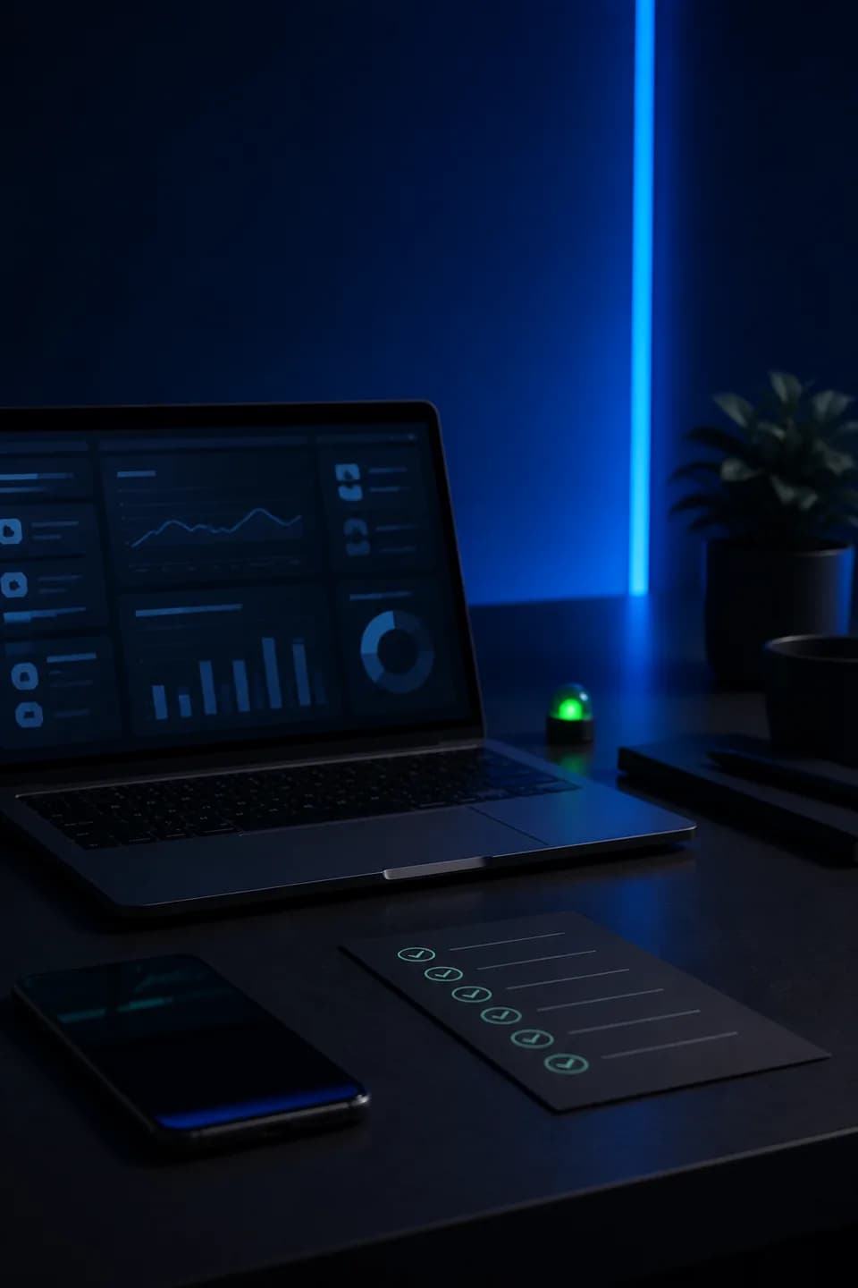 Launch readiness desk with an operational dashboard and status light